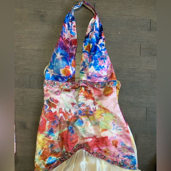 Jovani 100% Silk Multicolour Prom Halter Dress w/ Scarf Size 2 - Picture 3 of 16